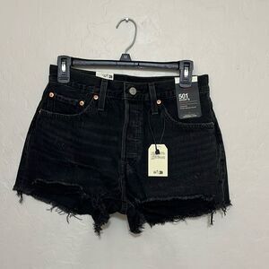Levi’s 501 High Rise Big E Black Contemporary Distressed Denim Shorts Festival